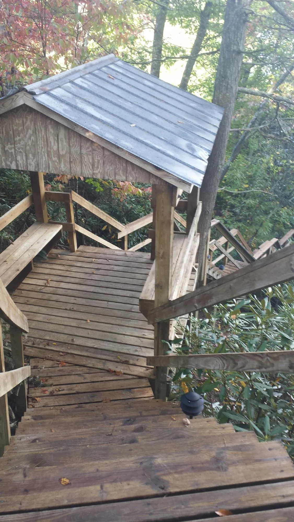 Metal roofed shelter over wooden steps on a wooded walkway — Skylight Repair & Installation work by our crew in Craigville